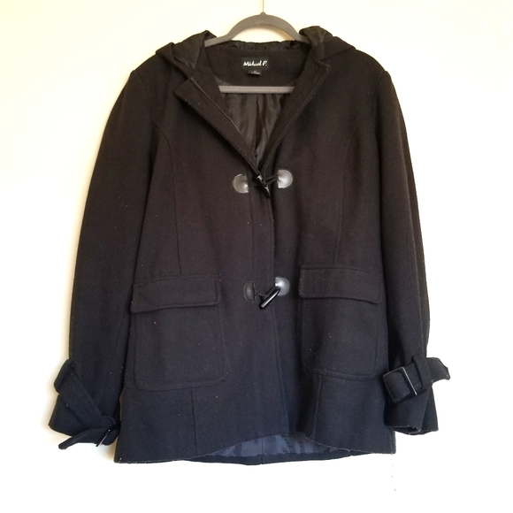 Michael P Hooded Black Wool Coat Size 2X - Picture 1 of 8